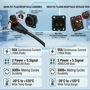 DM30 50A High Current 2+6 Pin Hybrid Power Signal Connector IP67 Waterproof Flange Panel Mount Heavy Duty Connectors