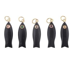 Natural black onyx fish carving pendant connector charms brass metal 18k gold plating pendant hand carving pendant for necklace