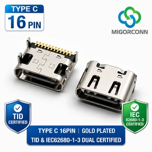 Premium USB Type-C 16-Pin Connector with Gold-Plated Contacts for PCB Mount, Nickel-Plated SUS304 Shell for Data Transmission