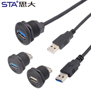 EP USB 2.0 3.0 Panel Board Front Installation Female Socket Male Straight Plug Threaded Connectors0.3/0.5/1M Wire USB Cap