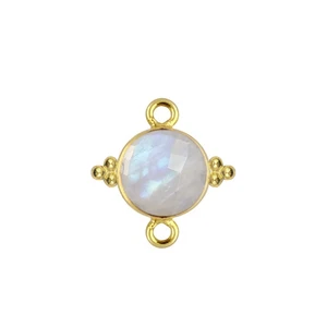 925 Sterling Silver Rainbow Moonstone Round Bezel Gemstone Double Bail Gold Vermeil Bracelet Jewelry Making Charm Connector