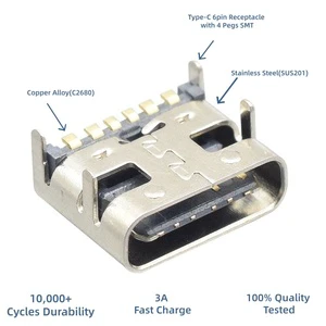 Manufacturer In Stock Female 6 Pin Type-C Connector Stainless Steel Shell Fast Charging Power PCB Connector USB3.1 C Socket