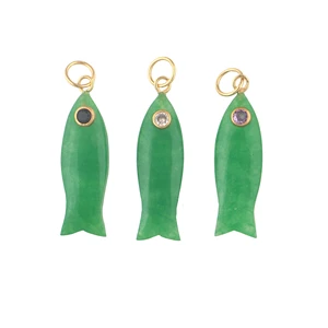 Wholesale green jade gemstone connector pendant charms handmade fish carving necklace making gemstone charms brass pendant