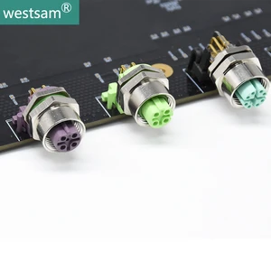 M12 connector 4 pin angled female male back mount PCB socket bend 3 5 6 8 pins receptacle waterproof connector