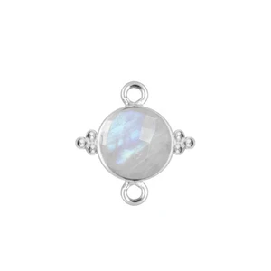 925 Sterling Silver Round Rainbow Moonstone Faceted Gemstone Fancy Bezel Two Loop DIY Necklace Bracelet Jewelry Making Connector
