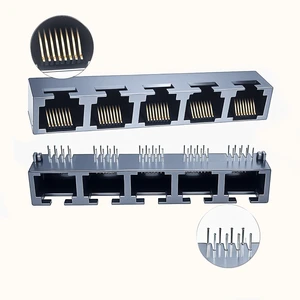 8P8C Female Modular Jack 1X5 Port Full Black PBT Plastic Cat3 Side Entry Gold Flash Plating Ethernet RJ45 Network Connector