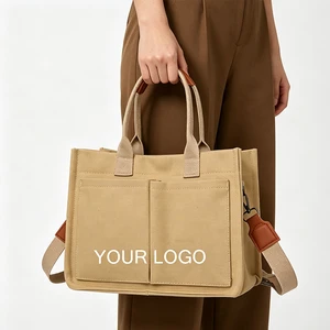 Customizable Embossed Logo Eco-friendly Canvas Tote Bag Multi-pocket Design Adjustable Shoulder Strap for Outdoor