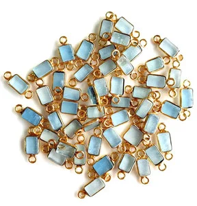 Natural Aquamarine Rectangle Gemstone Charm Gold Plated Bezel Connector Jewelry Making Supplies Wholesale