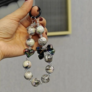 Fashion Pearl Bowknot Keychain Pendant Ins Style Painted Flower Phone Chain Colored Charm for Bag Headphone Case DIY Accessory