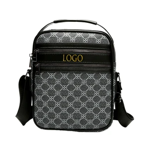 Vintage Geometric Print PU Mini Crossbody Bag Adjustable Nylon Strap Multi Zipper Pocket Men Shoulder Sling Bag