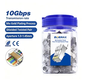 ZoeRax Wholesale 50-Pack Gold-Plated STP/FTP RJ45 Pass Through Connector, CAT6A CAT7 Shielded Ethernet Crystal Plug