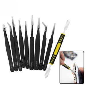 Stainless Steel Pointed Tweezers Set 10 Piece ESD Safe Mobile Phone Repair Tools Kit with Pry Bar Precision Electronics Fixing