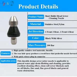 YS 1 Front Jet and 6 Rear Jets, Sewer Drain Tube Cleaning Nozzle, Penetrator Jet Nozzle, High Pressure Nozzle