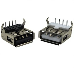 USB 2.0 Mini-USB Right-Angle DIP 4-Pin Connector Cover Flange Female PCB Mount Black White PBT Brass C2680 Nickel Plated Steel