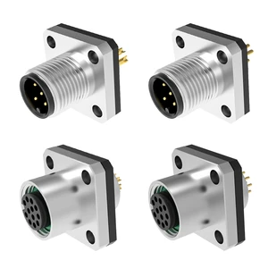 Square Flange M12 Panel Mount Connector A/B/D Code Male and Female Receptacle 3 4 5 6 8 12 17 Pin Waterproof M12 Socket