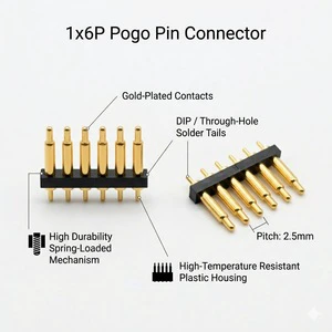 6Pin Straight DIP Pogo Pin Connector Gold Plated Through Hole Spring Loaded Contact Pin For PCB