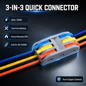 3 Way Lever Splicing Connector 3 In 3 Out Quick Wire Terminal Block 32A 250V Compact Inline Wire Connector For 28-12AWG