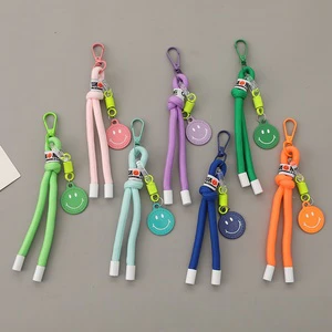 Wholesale 14cm Smiley Face Keychain Braided Rope Charm Carabiner Clip Bag Pendant Wrist Strap Colorful Kawaii Accessory Bulk OEM