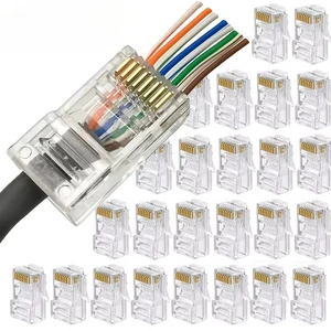 RJ45 CAT6 CAT5e Pass Through Connectors Crystal End Gold-Plated 8P8C Crimp UTP Standard Ethernet Network Modular Plug