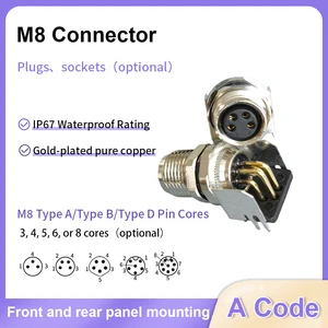 Gold-Plated 4 8-Pin M8 PCB Mount Pin Socket IP67 Waterproof Connector for Automation Device PCB Boards