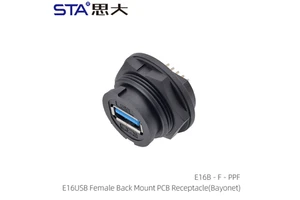 IP67 Waterproof E16 Plastic USB 2.0 Bayonet Female Back Mount PCB Receptacle Connector With Wire
