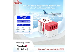 Foxcan GaN 70W Fast Charging 3USB-C+2USB-A Fireproof All-In-One Multi-Plug Travel Adapter Cable PD QC3.0 Laptop/Earphones/Camera