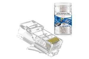 Bag of 100pcs 8 Pin Copper RJ45 Modular Plugs Connector for Cat5e Cat6 Solid or Stranded UTP Cable Ethernet Rated PC Housing