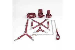 BDSM-0026 11-Piece Kit Cowhide Leather Wrist Ankle Cuffs Back Belt Restraint Leash Two Four-Way Connector Bondage Gear