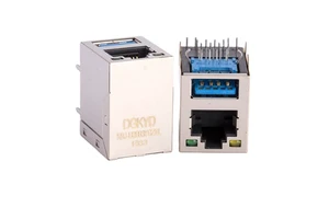 USB 3.0 RJ45 Female Jack Dual Deck 2x1 Ethernet Connectors Shielding Integrated Combo LED PBT Black Housing Gold Flash Plating