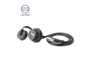 USB2.0 Waterproof Circular Connector with Front Nut, Soldering Cable 0.1m-5m Panel Mount Feedthrough for Automotive & Industrial