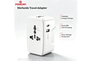 FOXCAN FC-934U Universal Plug Adapter 1 USB-C + 1 USB-A Ports For Laptops Earphones-Travel Charging ABS/PC Fireproof Material