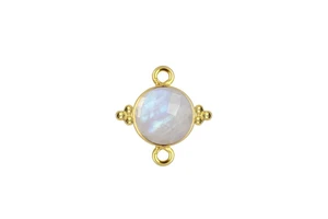 925 Sterling Silver Rainbow Moonstone Round Bezel Gemstone Double Bail Gold Vermeil Bracelet Jewelry Making Charm Connector