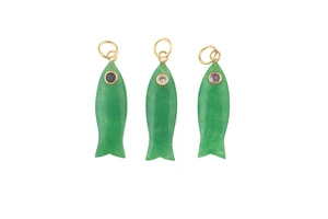 Wholesale green jade gemstone connector pendant charms handmade fish carving necklace making gemstone charms brass pendant