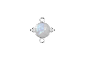 925 Sterling Silver Round Rainbow Moonstone Faceted Gemstone Fancy Bezel Two Loop DIY Necklace Bracelet Jewelry Making Connector