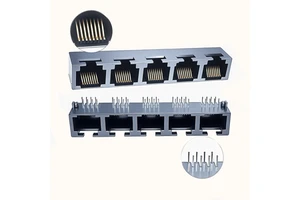 8P8C Female Modular Jack 1X5 Port Full Black PBT Plastic Cat3 Side Entry Gold Flash Plating Ethernet RJ45 Network Connector