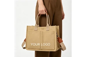Customizable Embossed Logo Eco-friendly Canvas Tote Bag Multi-pocket Design Adjustable Shoulder Strap for Outdoor