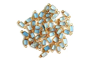 Natural Aquamarine Rectangle Gemstone Charm Gold Plated Bezel Connector Jewelry Making Supplies Wholesale