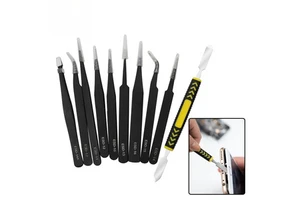 Stainless Steel Pointed Tweezers Set 10 Piece ESD Safe Mobile Phone Repair Tools Kit with Pry Bar Precision Electronics Fixing