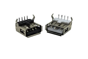 USB 2.0 Mini-USB Right-Angle DIP 4-Pin Connector Cover Flange Female PCB Mount Black White PBT Brass C2680 Nickel Plated Steel