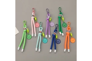 Wholesale 14cm Smiley Face Keychain Braided Rope Charm Carabiner Clip Bag Pendant Wrist Strap Colorful Kawaii Accessory Bulk OEM