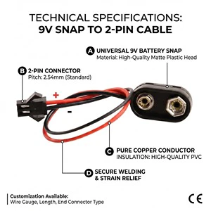 High Quality 9V Battery Snap Connector Clip Lead Wires Holder Converted To T-type Cable Assembly