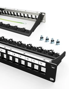 1U 12 Port Shielded Blank Patch Panel Adjustable Rear Cable Management Bar 10 Inch Cat6A RJ45 Network Patch Panel