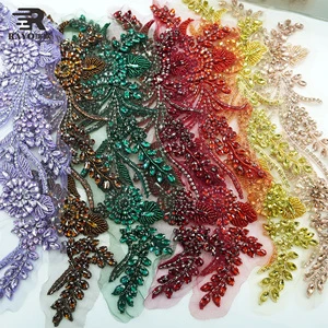Handmade 3D Wire Flora Evening Dress Bridal Beaded Appliques Colorful Crystal Bodice Hand-Sewn Rhinestone Applique Patch Panels
