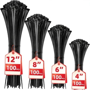 Black Cable Zip Ties Assorted Sizes 12+8+6+4 Inch Multi-Purpose Self-Locking Nylon Plastic Wire Ties for Home Office Garden Use