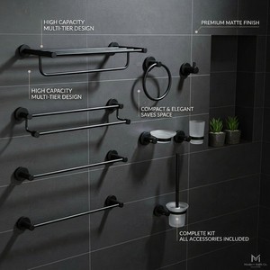 Black Bathroom Hardware Set Wall Mounted Towel Rack and Toilet Accessories Kit with Drill and No Drill Installation for Bathroom