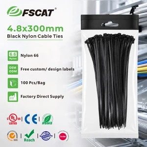 FSCAT Nylon 66 Black Zip Cable Tie Self-Locking 100pcs Plastic 4.8x300mm Good Tensile Strength UL Electrical Use Cable Ties