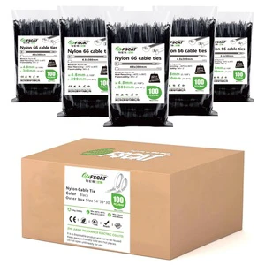 FSCAT UL Listed Nylon 66 Cable Ties 4.8x400mm (16 Inch) Invista PA66 Self-Locking Zip Ties Custom Packing For Industry