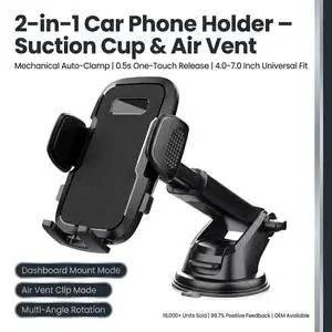 Universal One-Touch Car Phone Mount with Strong Suction Cup - 360° Rotation & Adjustable Arm for Dashboard/Windshield