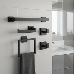 Hot Sale Matte Black Iron Bathroom Hardware Set, Space Saving Wall Mounted Towel Solution Proper Price