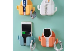 Multifunctional Plastic Phone Storage Box Wall-Mounted Adhesive Charging Bracket Hanger Punch-Free Cactus TV AC Living Room